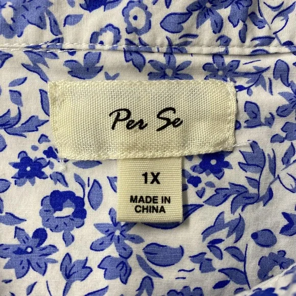Per Se Shirt Womens 1X Blue White Floral Button Front Long Sleeve Cotton Top - Picture 7 of 13
